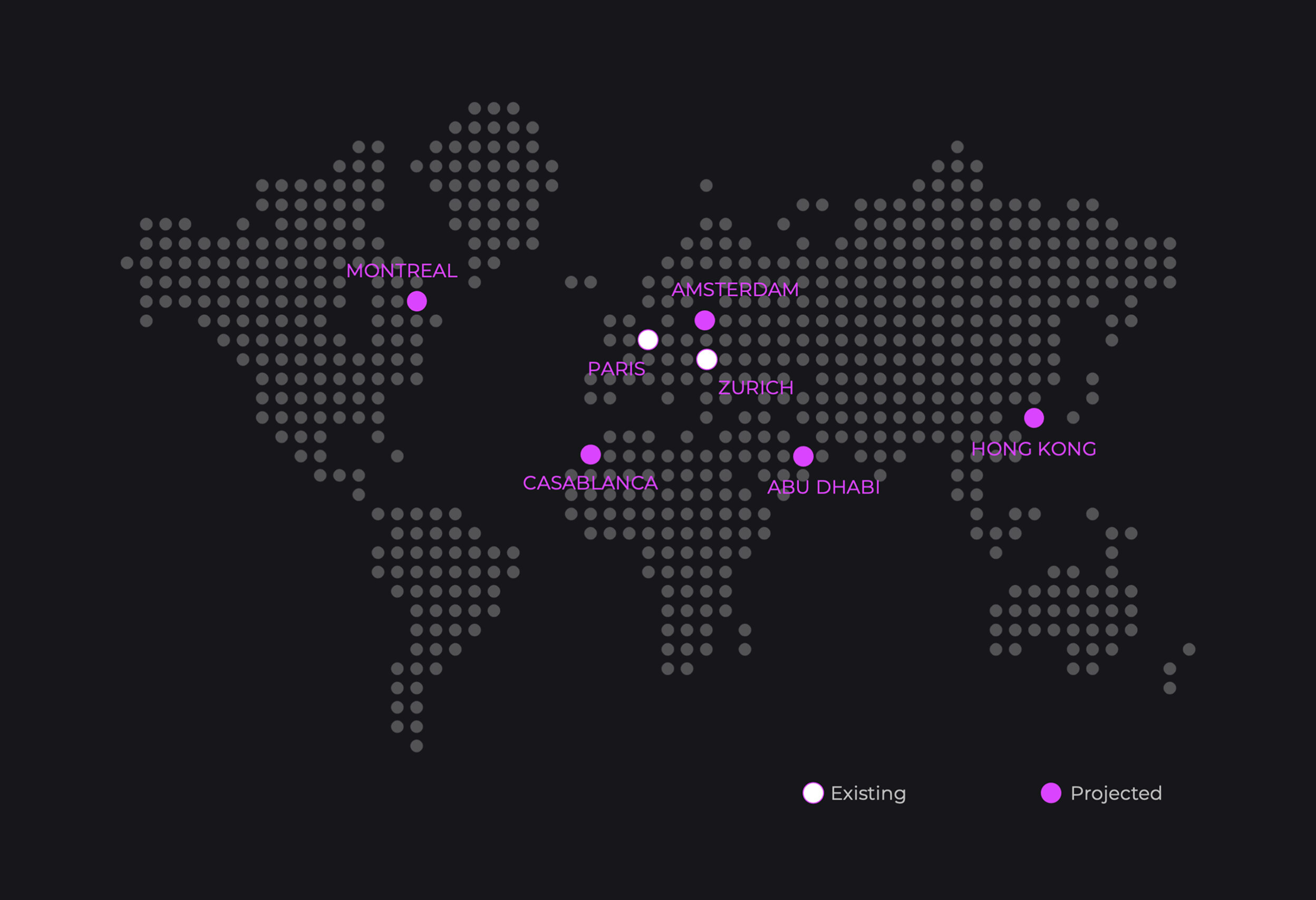 World map showing mindrush locations: Montreal, Paris, Amsterdam, Zurich, Casablanca, Abu Dhabi and Hong Kong.